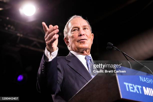 Democratic presidential candidate former New York City Mayor Mike Bloomberg delivers remarks during a campaign rally on February 12, 2020 in...