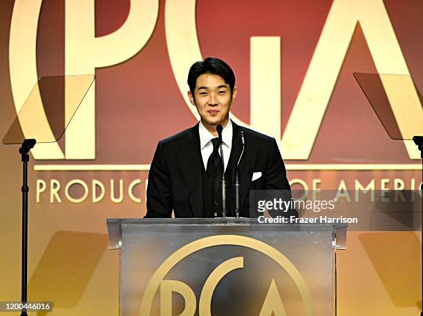 Choi Woo-shik speaks onstage during the 31st Annual Producers Guild Awards at Hollywood Palladium on January 18, 2020 in Los Angeles, California.