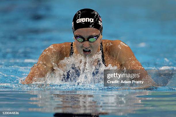 Rebecca Soni of the United States competes on the way to winning the gold medal in the Women's 200m Breaststroke Final during Day Fourteen of the...