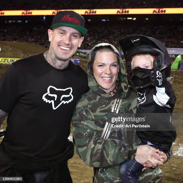 Carey Hart, P!nk and Jameson Moon Hart attend the Monster Energy Supercross VIP Event at Angel Stadium on January 18, 2020 in Anaheim, California.