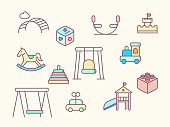 Vector illustration of a toy and playground elements. Contains such as sand castle, rocking horse, block,  plaything, slide, swing and more.