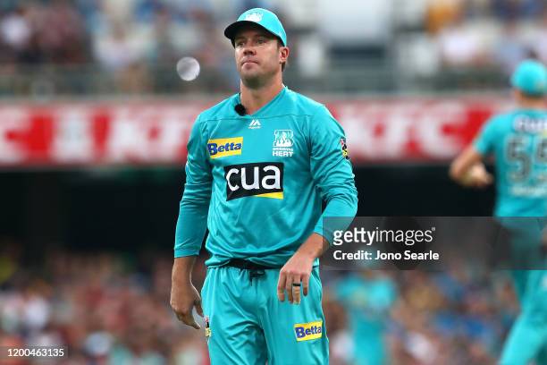 De Villiers of the Heat looks on during the Bash Bash League match between the Brisbane Heat and Melbourne Renegades at The Gabba on January 19, 2020...