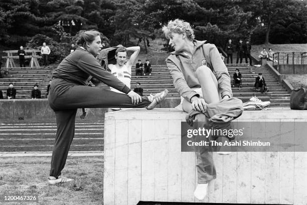 Tamara Press of Soviet Union talks with Iolanda Balas of Romania circa October 1963 in Yokohama, Kanagawa, Japan.