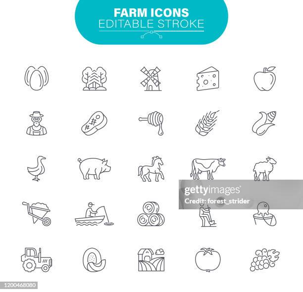 farm line icons. editable stroke. set contains symbol as farming, agriculture, pig, agricultural field illustration - agricultural policy stock illustrations