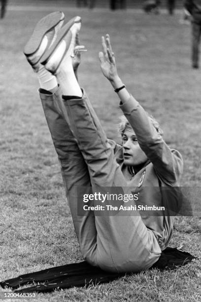 Iolanda Balas of Romania warms up prior to the Athletics Women's High Jump during the Tokyo International Sports Championships at the National...