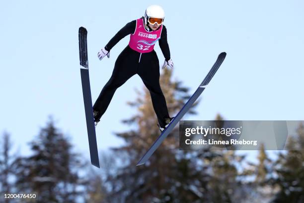 Josephine Pagnier of France competes in Women's Individual Competition First Round in ski jumping during day 10 of the Lausanne 2020 Winter Youth...