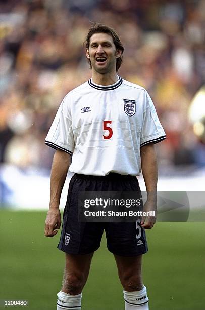 Tony Adams of England sees the funny side against Scotland during the Euro 2000 play-off first leg match at Hampden Park in Glasgow, Scotland....