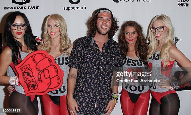 Snowboarder Mason Aguirre arrives at the X-Games kickoff extravaganza party at The SupperClub Los Angeles on July 28, 2011 in Los Angeles, California.