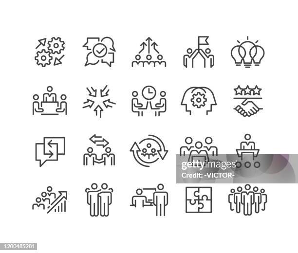 stockillustraties, clipart, cartoons en iconen met teamwork en interactie iconen-classic line series - fusies en overnames