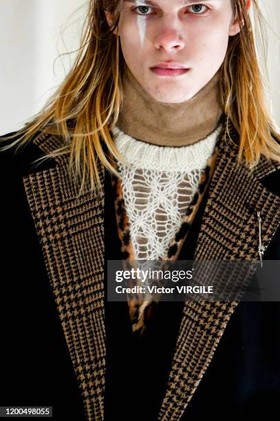 Model walks the runway during the Soloist Menswear Fall/Winter 2020-2021 fashion show as part of Paris Fashion Week on January 18, 2020 in Paris,...