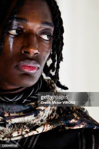 Model walks the runway during the Soloist Menswear Fall/Winter 2020-2021 fashion show as part of Paris Fashion Week on January 18, 2020 in Paris,...