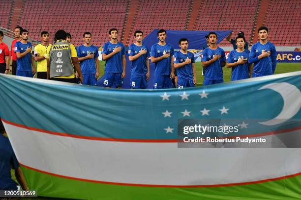 Uzbekistan players line up during the AFC U-23 Championship quarter final match between UAE and Uzbekistan at Rajamangala National Stadium on January...