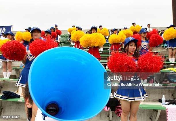 Baseball fans students cheer during the High School Baseball Tournament Fukui Prefecture final match between Fukui Shogyo and Koudai Fukui at Fukui...