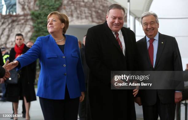 German Chancellor Angela Merkel , U.S. Secretary of State Mike Pompeo, and United Nations Secretary-General Antonio Guterres arrive for an...