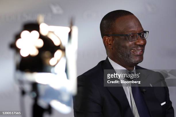 Tidjane Thiam, chief executive officer of Credit Suisse Group AG, reacts during a Bloomberg Television interview in Zurich, Switzerland, on Thursday,...