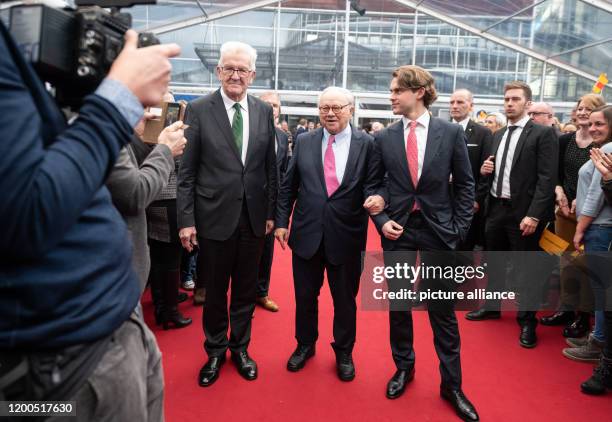 February 2020, Baden-Wuerttemberg, Offenburg: Winfried Kretschmann , Minister President of Baden-Württemberg , publishers Hubert Burda and Jacob...