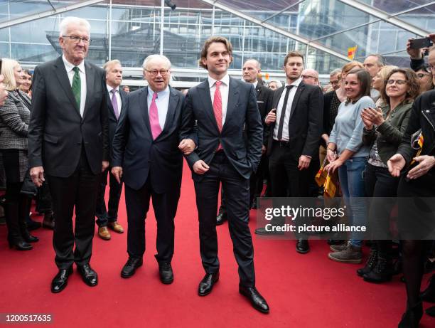 February 2020, Baden-Wuerttemberg, Offenburg: Winfried Kretschmann , Minister President of Baden-Württemberg , publishers Hubert Burda and Jacob...