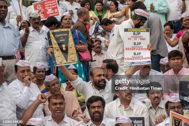 Congress party workers protest against BJP over reservation at Mantralaya, on February 12, 2020 in Mumbai, India. The Congress accused BJP and...