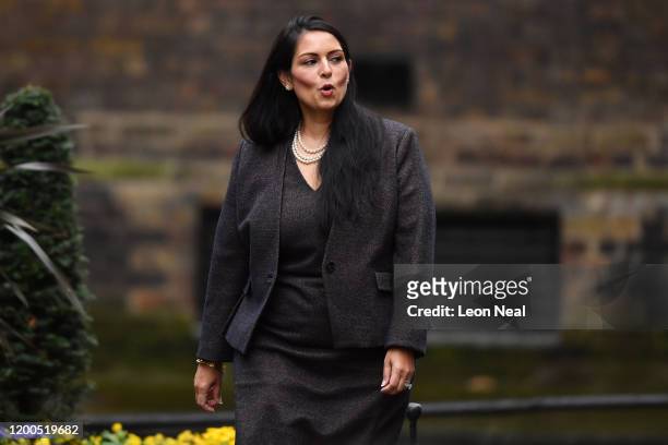 Home Secretary Priti Patel arrives at Downing Street on February 13, 2020 in London, England. The Prime Minister makes adjustments to his Cabinet now...