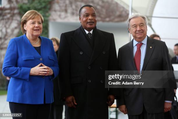 German Chancellor Angela Merkel , Congolese President Denis Sassou-Nguesso, and United Nations Secretary-General Antonio Guterres arrive for an...