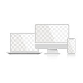 White devices. Computer, smartphone and laptop screen on a white background