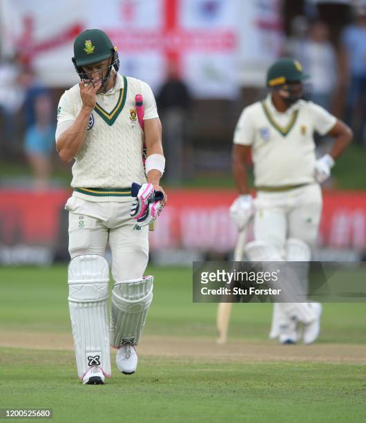 South Africa captain Faf du Plessis leaves the field after being dismissed during Day Four of the Third Test between South Africa and England at St...