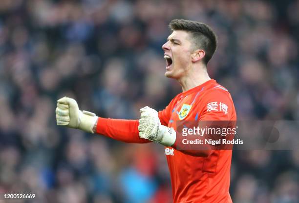 Nick Pope of Burnley celebrates his side second goal during the Premier League match between Burnley FC and Leicester City at Turf Moor on January...