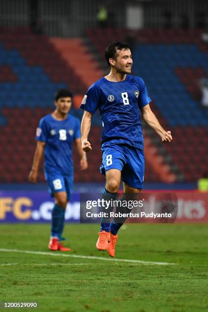 Nurillo Tukhtasinov of Uzbekistan celebrates a goal during the AFC U-23 Championship quarter final match between UAE and Uzbekistan at Rajamangala...