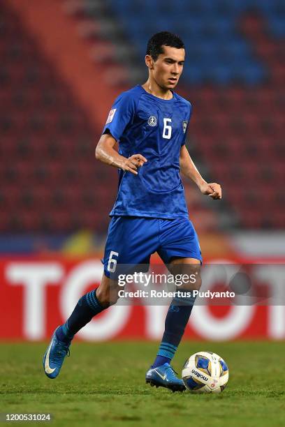 Azizjon Ganiev of Uzbekistan in action during the AFC U-23 Championship quarter final match between UAE and Uzbekistan at Rajamangala National...