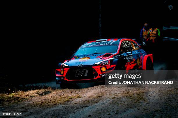 Ott Tanak of Estonia and his co-driver Martin Jarveoja compete in their Hyundai i20 Coupé WRC during the Shakedown Skalla stage of the Rally Sweden,...