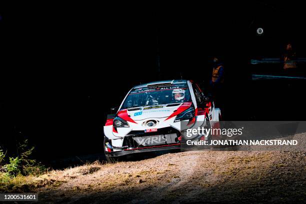 Takamoto Katsuta of Japan and his co-driver Daniel Barrit of Great Britain compete in their Toyota Yaris WRC during the Shakedown Skalla stage of the...