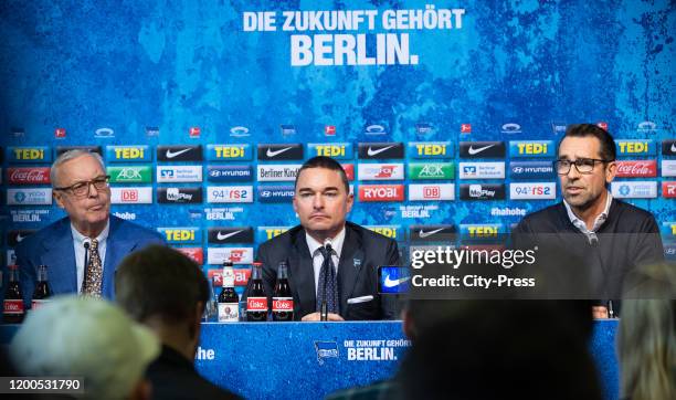 President Werner Gegenbauer of Hertha BSC, Investor Lars Windhorst and Michael Preetz of Hertha BSC of Hertha BSC during the press conference on...