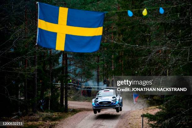 Teemu Suninen of Finland and his co-driver Jarmo Lehtinen compete in their Ford Fiesta WRC during the Shakedown Skalla stage of the Rally Sweden,...