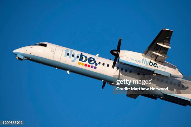 Flybe De Havilland Canada Dash 8-400 aircraft at Cardiff Airport on January 19, 2020 in Cardiff, United Kingdom. British airline Flybe, who account...