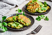 Green broccoli and pea pancakes. Healthy vegan food concept.