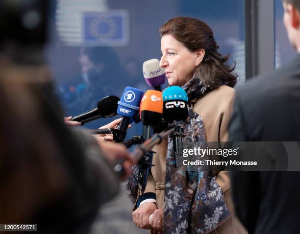 French Minister of Solidarity and Health Agnes Buzyn is talking to media prior the start of an emergency EU health Ministers on 2019 novel...