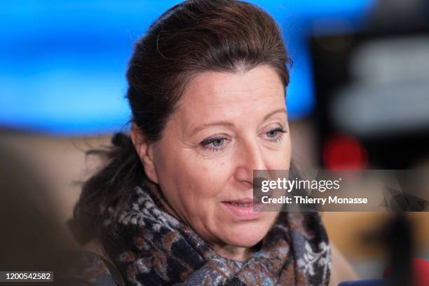 French Minister of Solidarity and Health Agnes Buzyn is talking to media prior the start of an emergency EU health Ministers on 2019 novel...