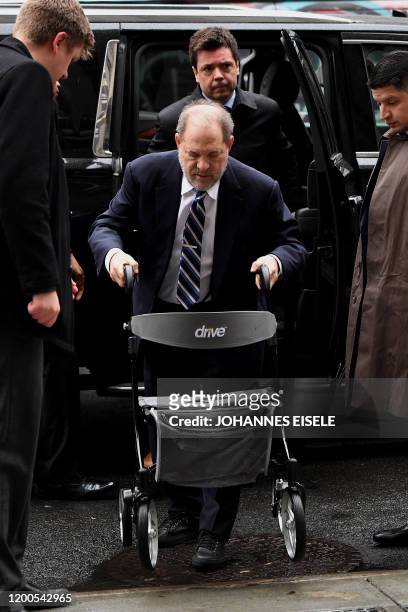 Harvey Weinstein arrives at the Manhattan Criminal Court, on February 13, 2020 in New York City. - Weinstein faces life imprisonment if convicted of...