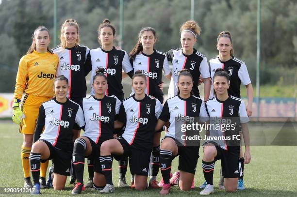 Juventus U19 women players pose before the Viareggio Women's Cup match between Juventus U19 and FC Internazionale U19 on February 13, 2020 in Lucca,...