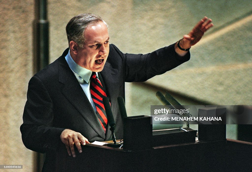 Netanyahu Bio Israeli opposition and Likud party leader Benjamin Netanyahu gestures ...