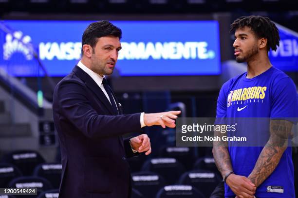Zaza Pachulia of the Golden State Warriors talks with Marquese Chriss before the game against the Miami Heat on February 10, 2020 at Chase Center in...