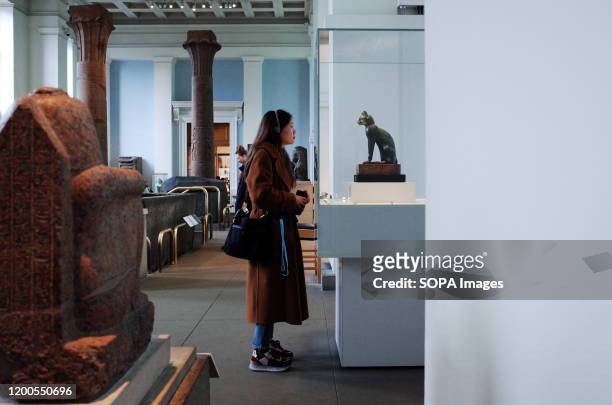 Visitor looks at the Gayer-Anderson Cat exhibit in the ancient Egypt section of the the British Museum in London. The museum, one of London's top...