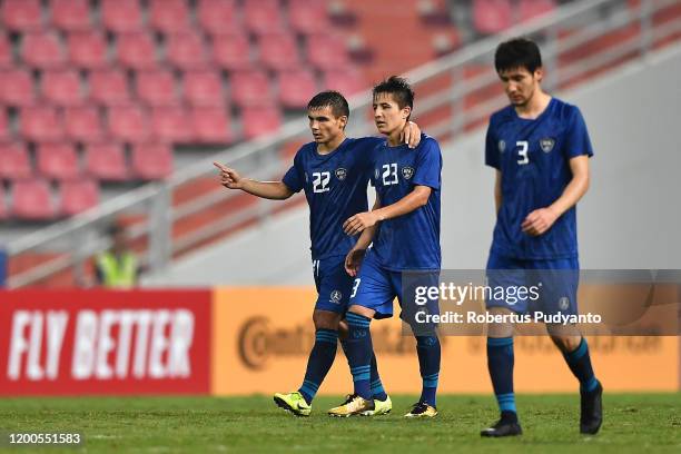 Oybek Bozorov of Uzbekistan celebrates a goal during the AFC U-23 Championship quarter final match between UAE and Uzbekistan at Rajamangala National...