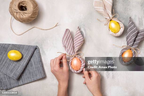 spring flat lay. rustic table top view. easter day background. - easter egg decorating stock pictures, royalty-free photos & images