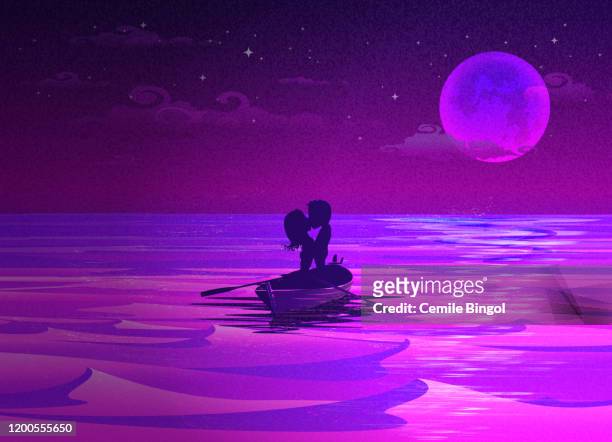 ilustraciones, imágenes clip art, dibujos animados e iconos de stock de silueta de besar pareja en un barco - moonlight lovers