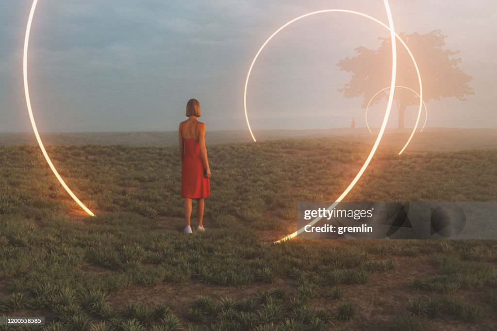 Paisagem da fantasia com passagem através dos universos diferentes