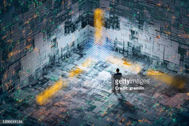 abstract technology background image with standing businessman - science and technology stock pictures, royalty-free photos & images
