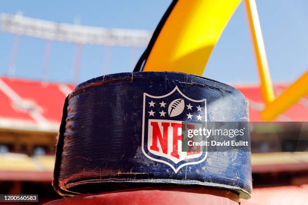 Detail view of the NATIONAL FOOTBALL LEAGUE logo on the goal post stanchion before the AFC Championship Game between the Kansas City Chiefs and the...