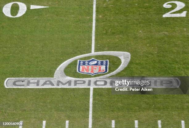 The NFL Championship logo is seen on the field before the AFC Championship Game between the Kansas City Chiefs and the Tennessee Titans at Arrowhead...