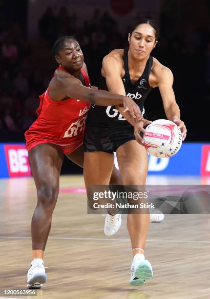 Kadeen Corbin of Vitality Roses and Phoenix Karaka of New Zealand Silver in action during the Vitality Netball Nations Cup 2020 match between...